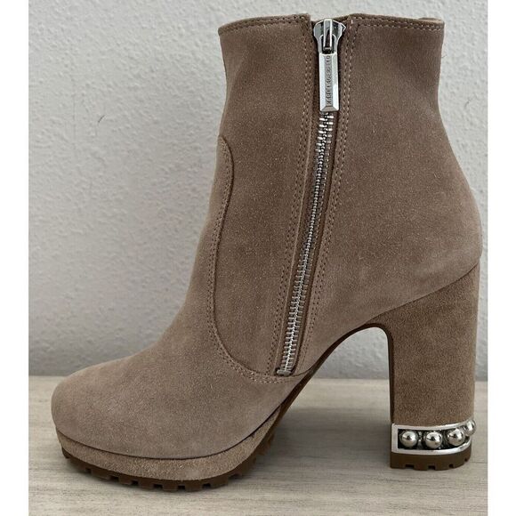 Karl Lagerfield Women Sz 6M Lenore Tan Suede Boot Lug Sole Metal Bead Heel - Picture 4 of 16